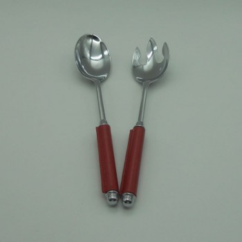 code 030081-EV - Chrome salad serving set with red leather handles