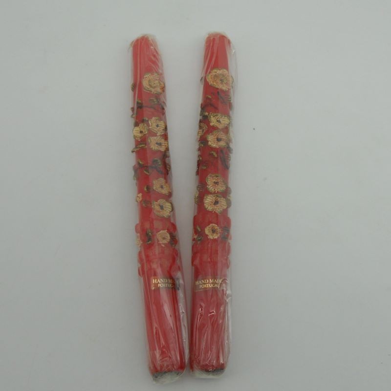 code 049068 - Candleholder candle - red with pink flowers - set of 2